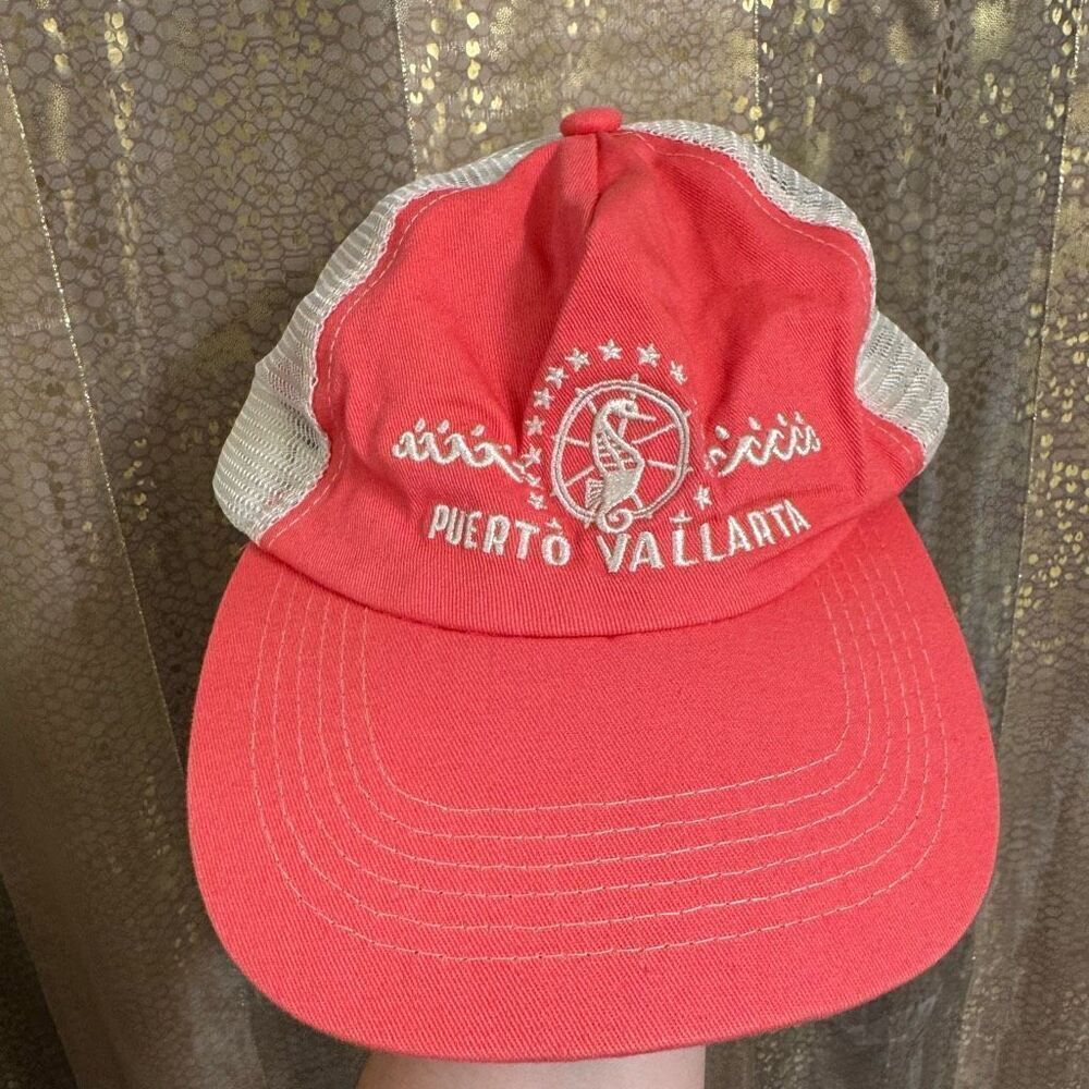 Free People Puerto Vallarta Pink Coral Ivory Adjustable Trucker Hat OS